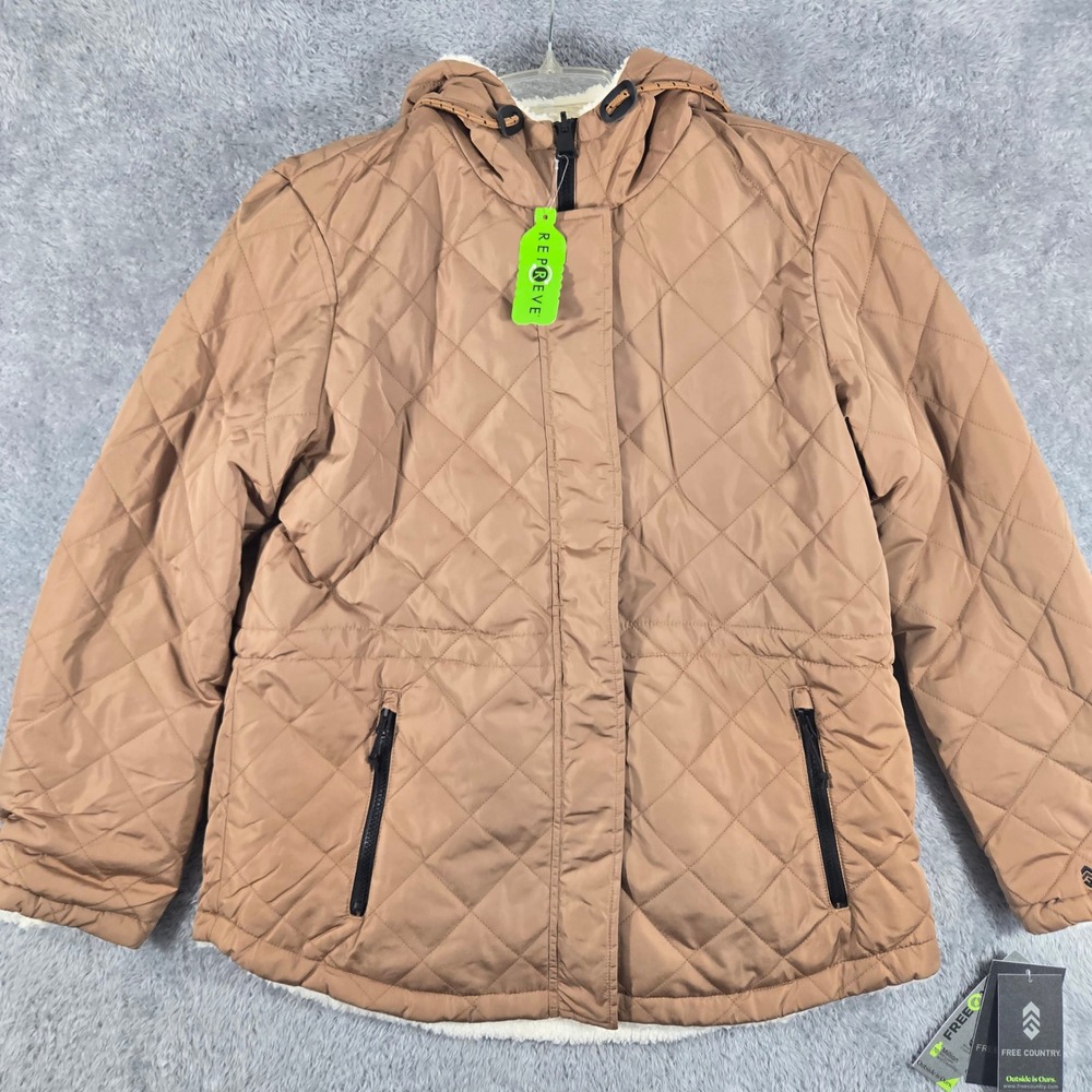 Free Country Women Camel Quilted Hooded Jacket Faux Shearling Lined Large NEW